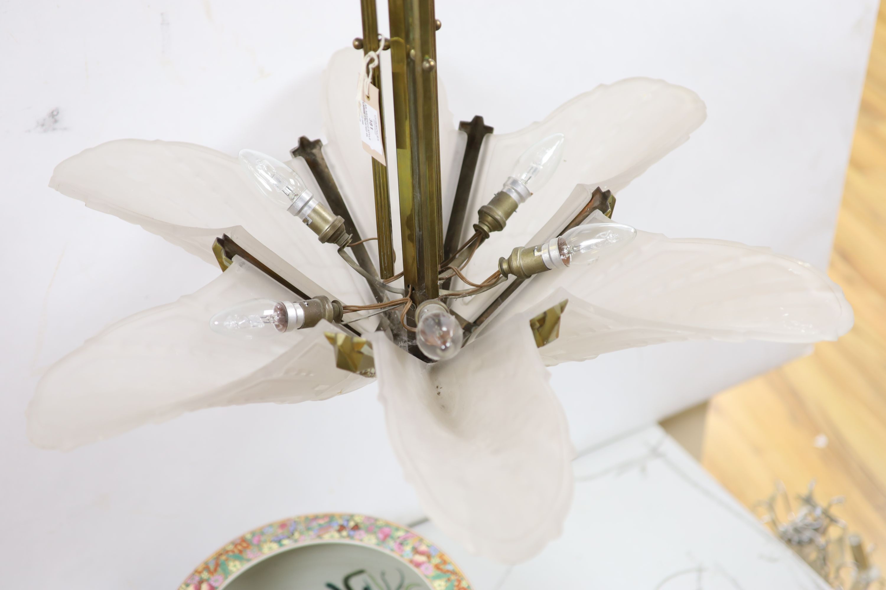 An Art Deco style large frosted glass and brass handing ceiling light 80cm drop